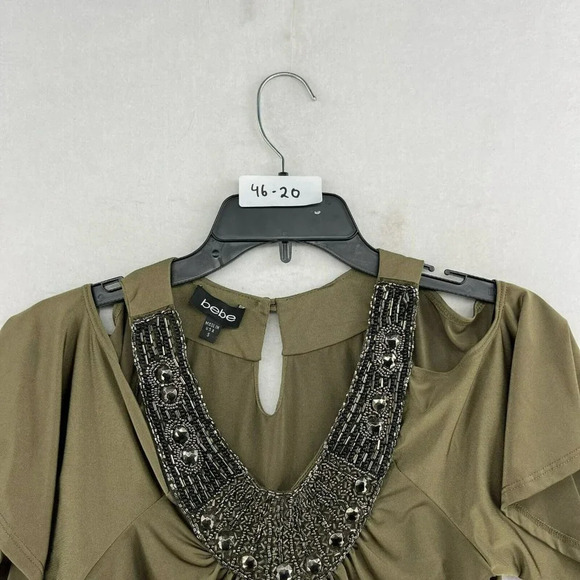 Bebe Blouse Womens S Green Round Neck Embellished Beads Keyhole Cold Shoulder - Picture 12 of 12